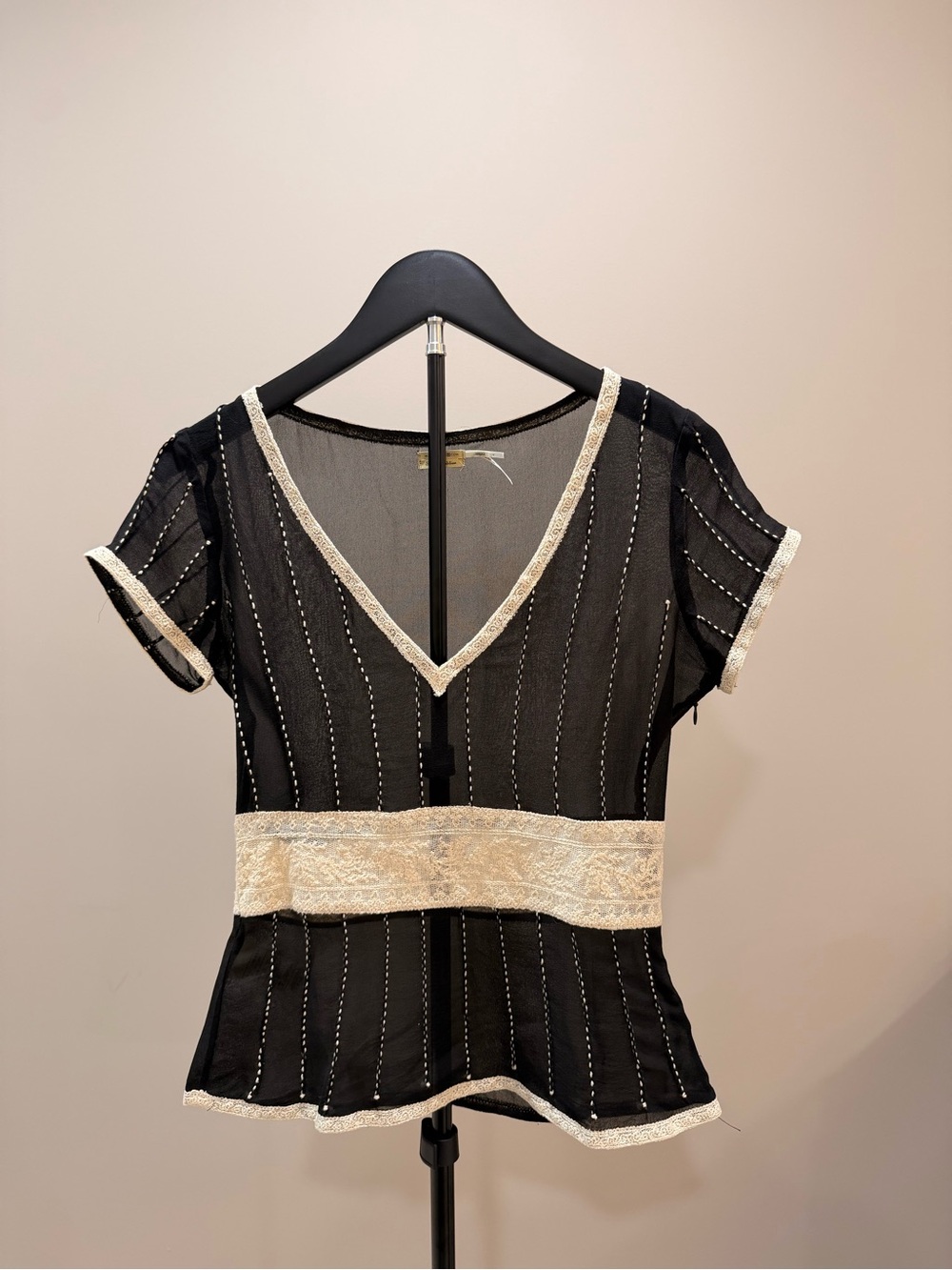 Max Studio Black Sheer V-Neck Blouse with Cream Lace Banding